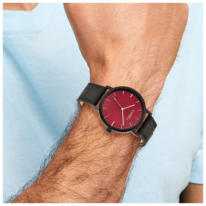 Matte Black IP-plated Red Dial Black Leather Band with Quick Release Watch