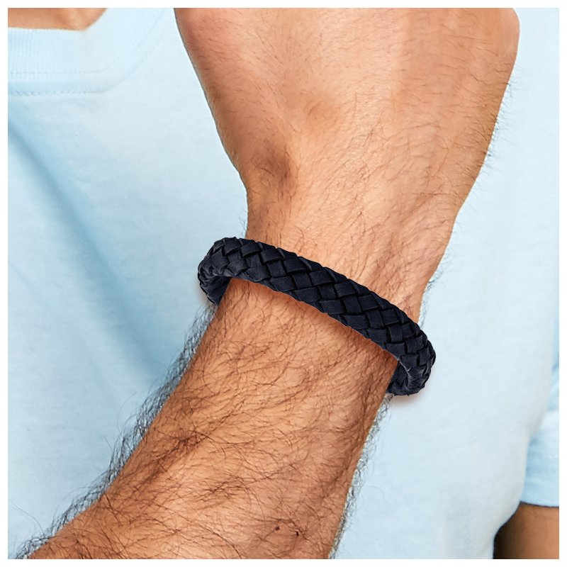 Stainless Steel Brushed Navy Blue Braided Leather 8.25 inch Bracelet with .5 inch Extension