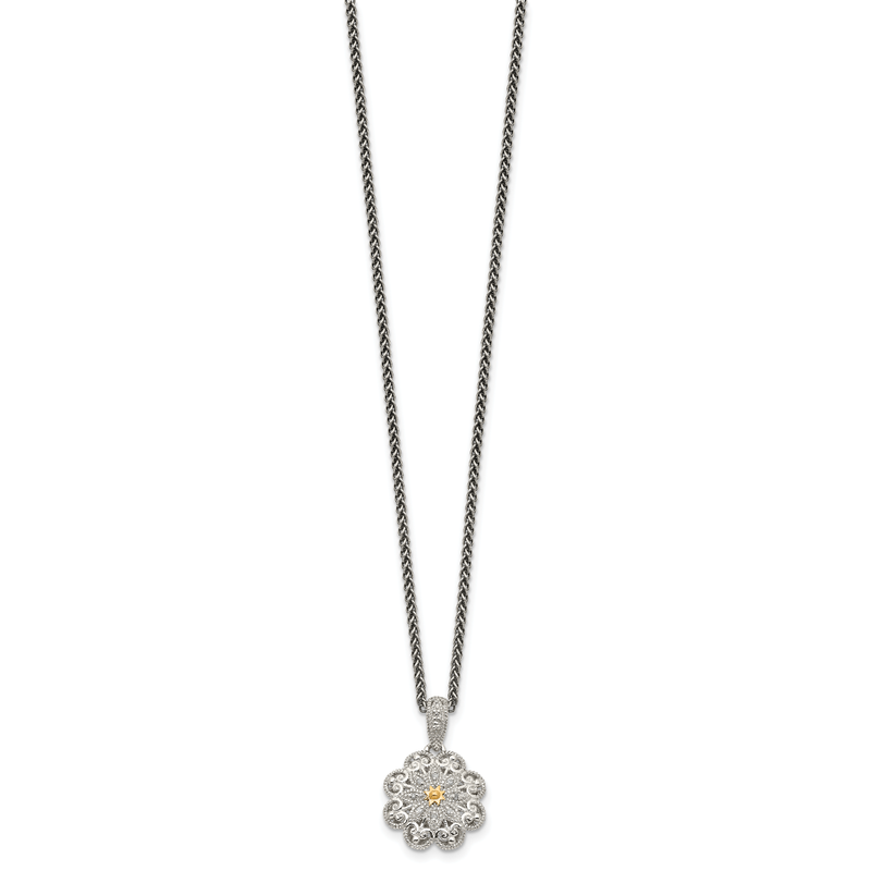 Sterling Silver Antiqued with 14K Accent 18 Inch Diamond Vintage Flower Necklace