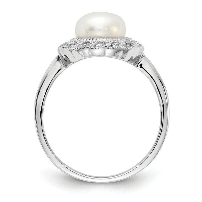 Sterling Silver Rhodium-plated Freshwater Cultured Pearl and Brilliant-cut CZ Ring