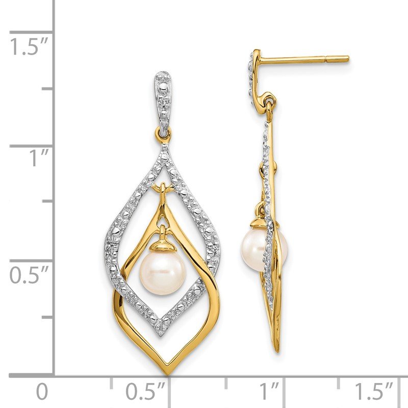 14k 5-6mm White Round Freshwater Cultured Pearl and .02 carat Diamond Dangle Post Earrings