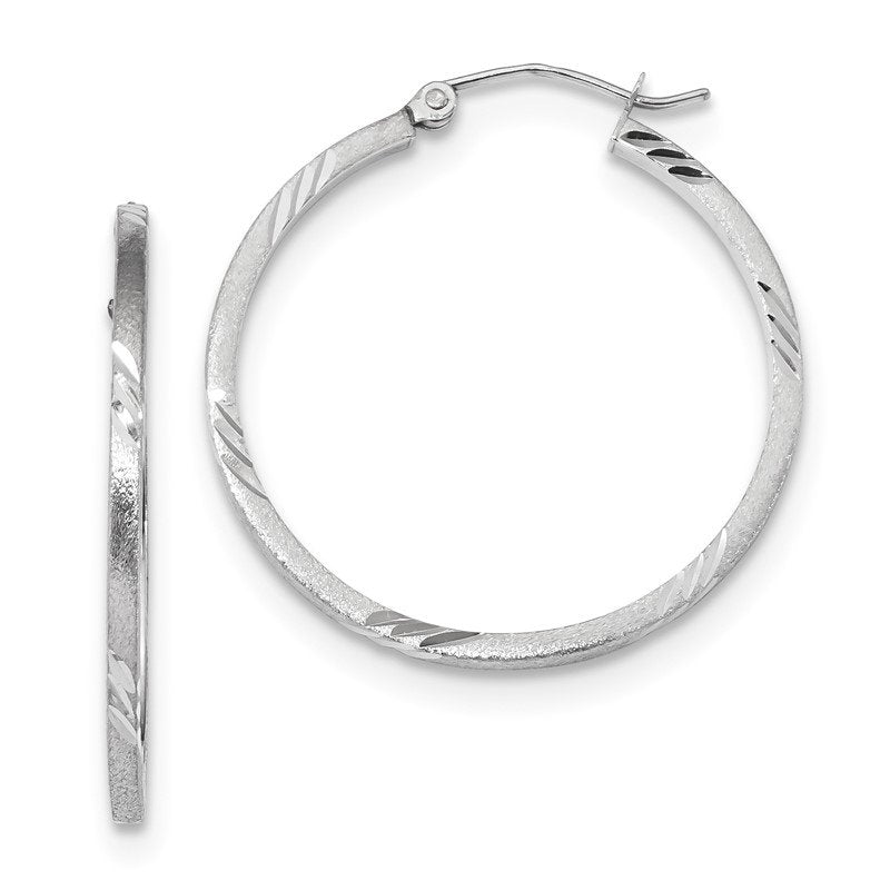 14k White Gold Satin Diamond-cut Square Tube Hoop Earrings