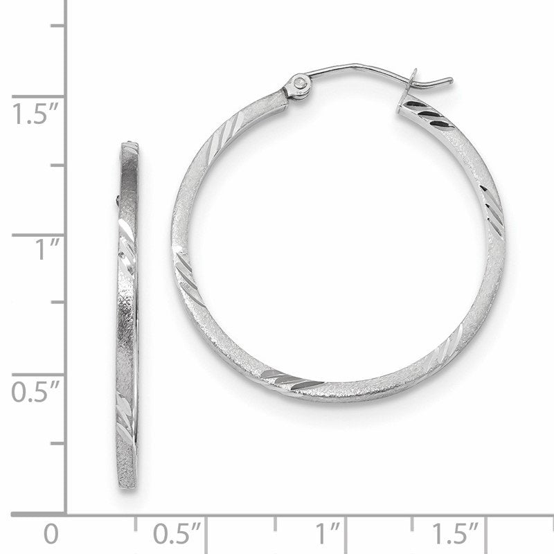 14k White Gold Satin Diamond-cut Square Tube Hoop Earrings