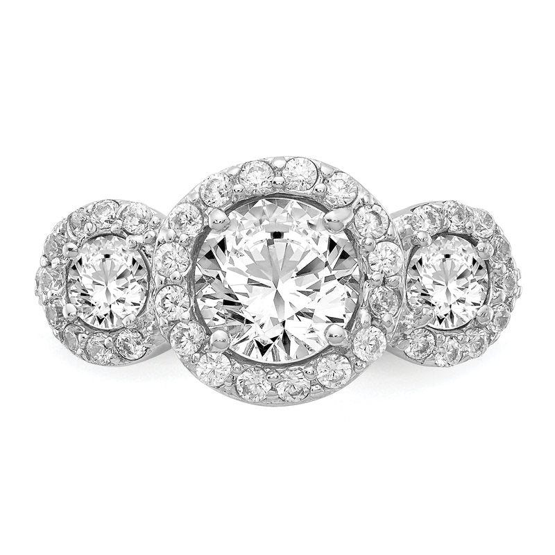 Sterling Silver Rhodium-plated Brilliant-cut CZ Three Stone Halo Ring