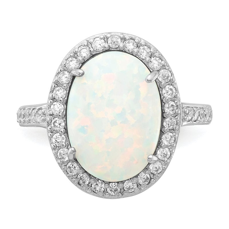 Sterling Silver Rhodium-plated Cabochon Lab Created Opal and Brilliant-cut CZ Oval Halo Ring