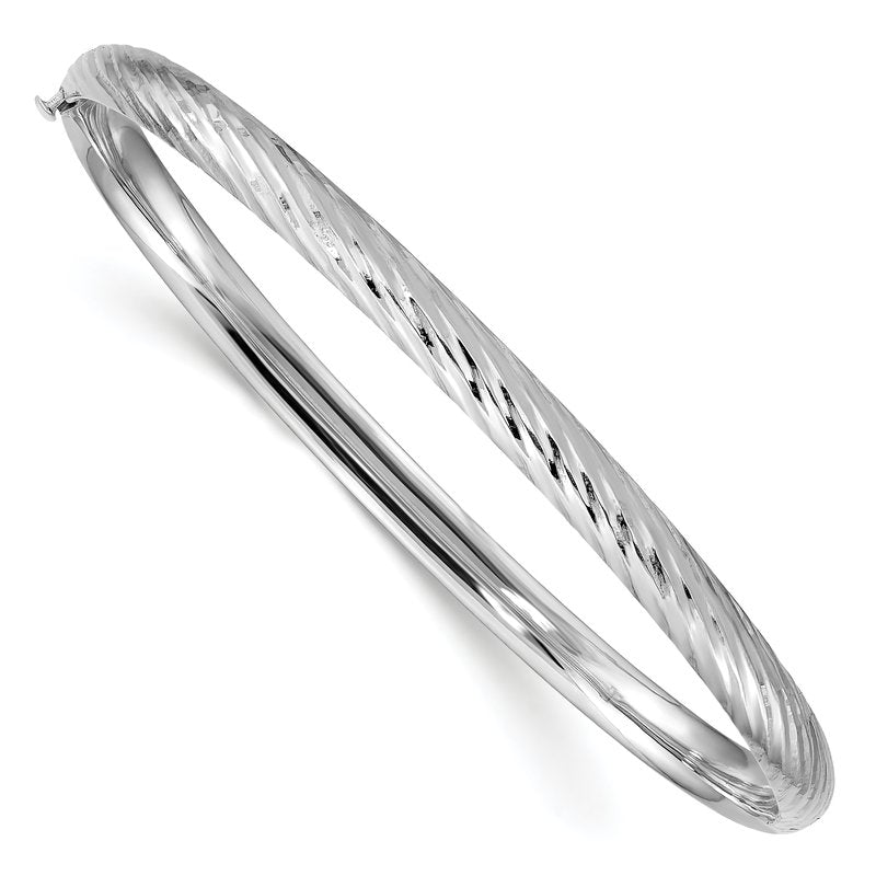 14k White Gold 3/16 Polished Textured 4.75mm Hinged Oval Bangle Bracelet