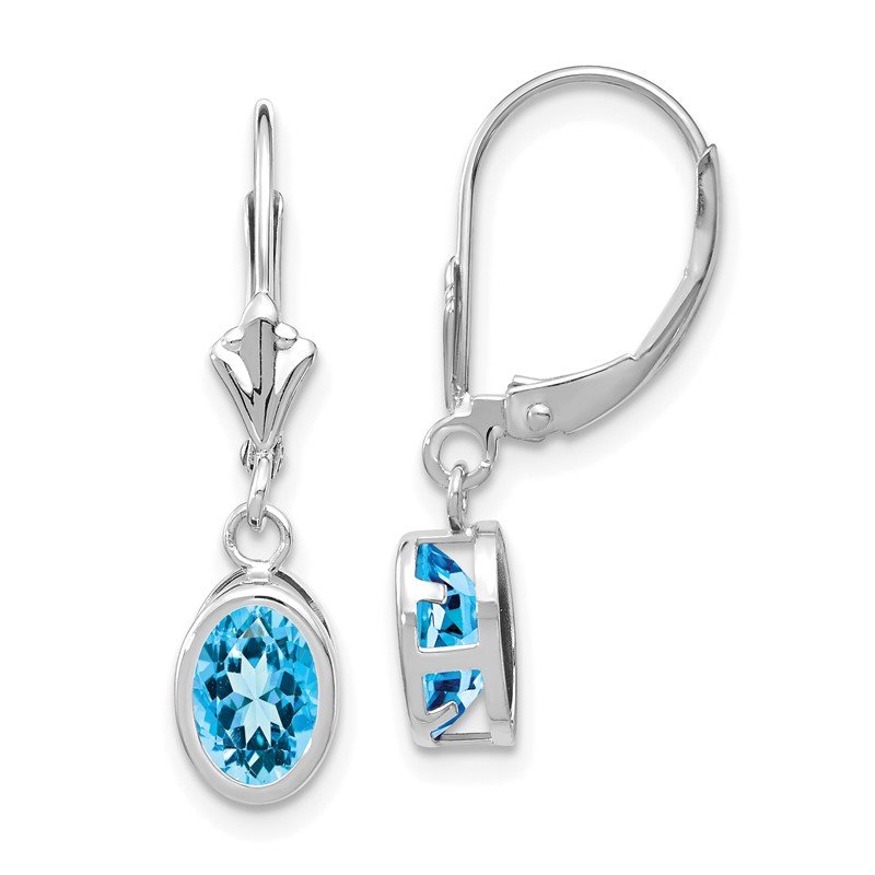 14k White Gold 7x5mm Oval Blue Topaz Bezel Leverback Dangle Earrings