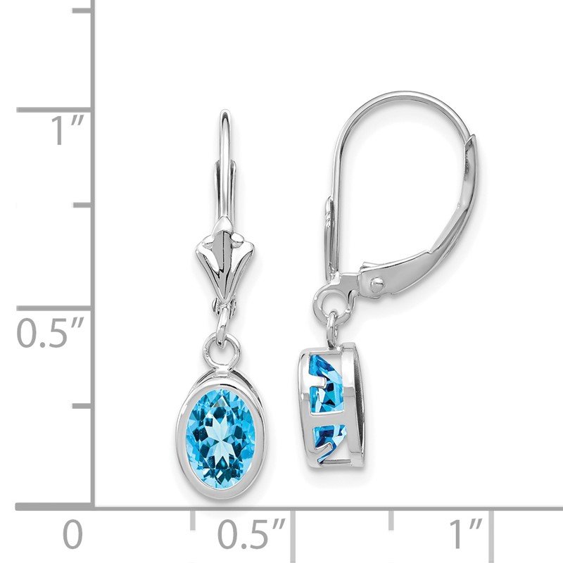 14k White Gold 7x5mm Oval Blue Topaz Bezel Leverback Dangle Earrings