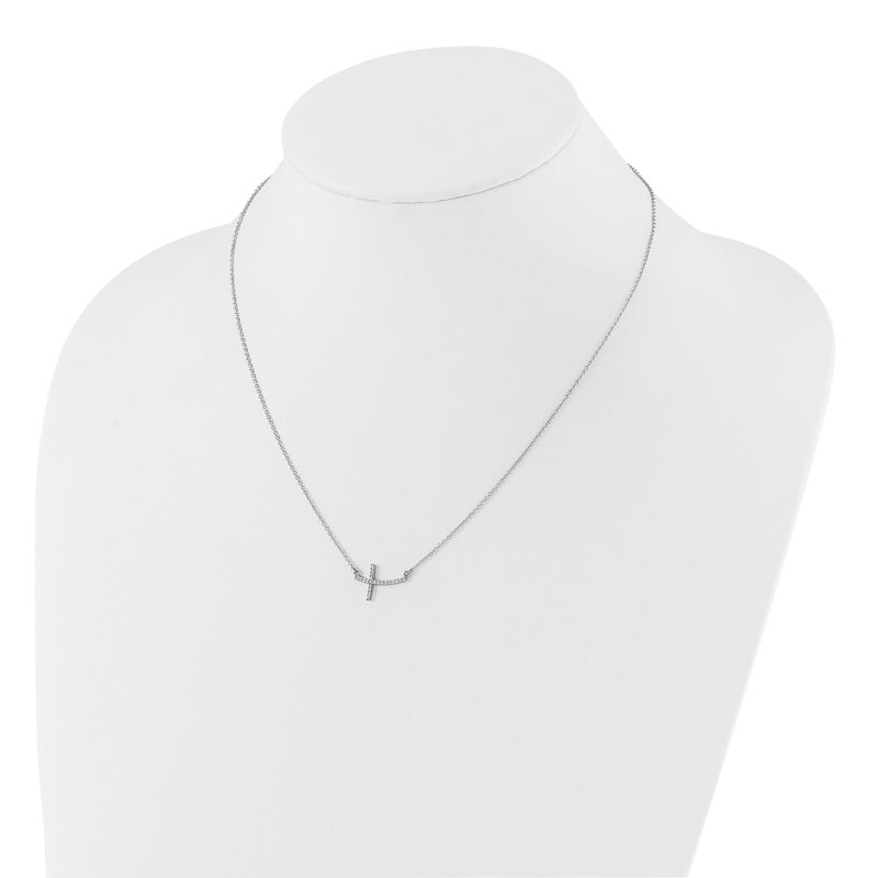 14k White Gold 1/10 carat Diamond Curved Sideways Cross 18 inch Necklace