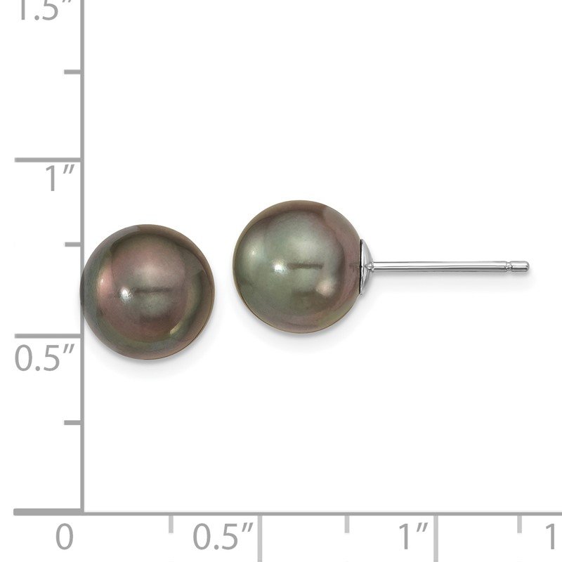 14k White Gold 9-10mm Black Round Tahitian Saltwater Cultured Pearl Post Earrings