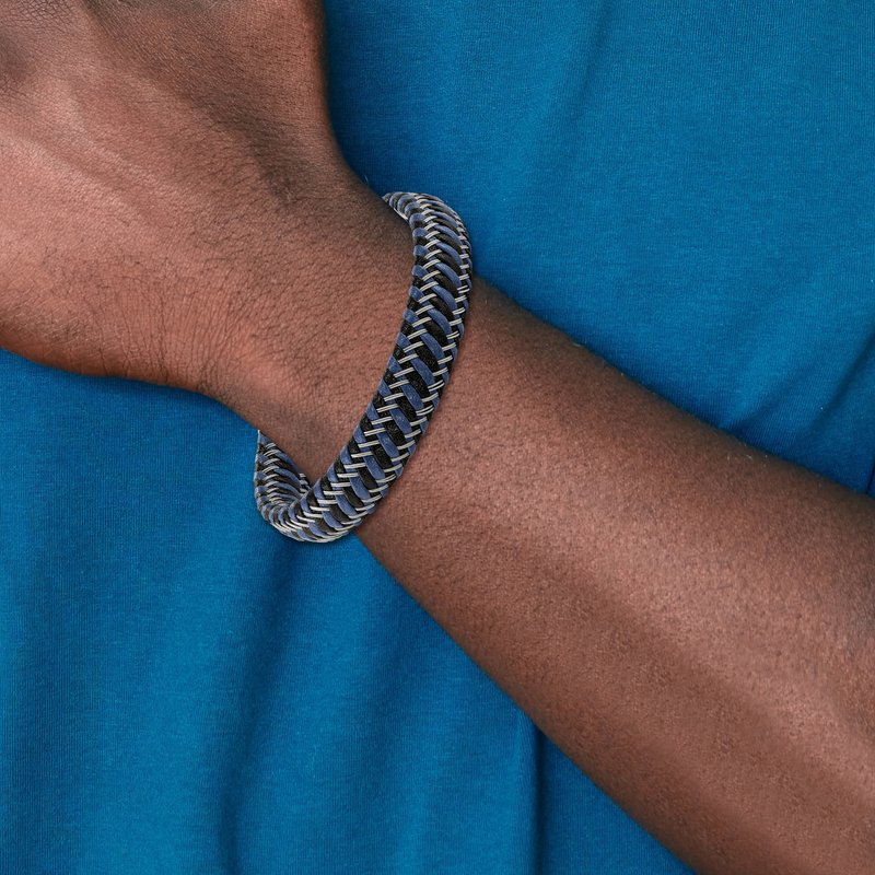 Stainless Steel Polished Braided Wire and Black and Blue Leather Adjustable 7.75 to 8.25 inch Bracelet