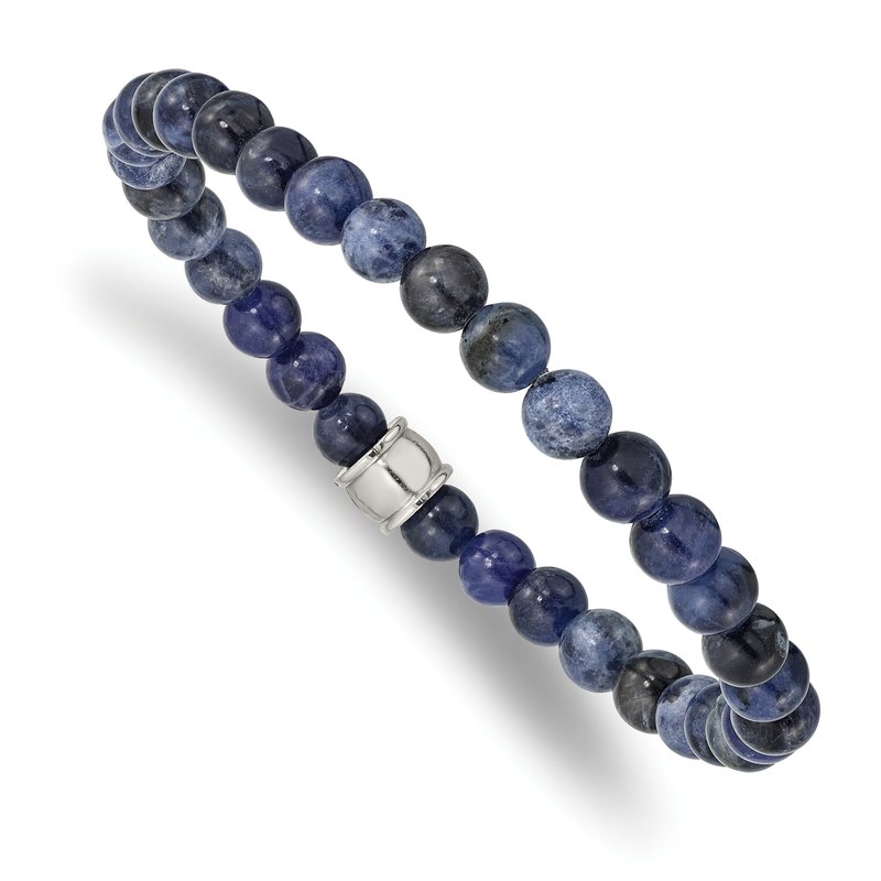 Stainless Steel Polished 6mm Blue Sodalite Beaded Stretch Bracelet