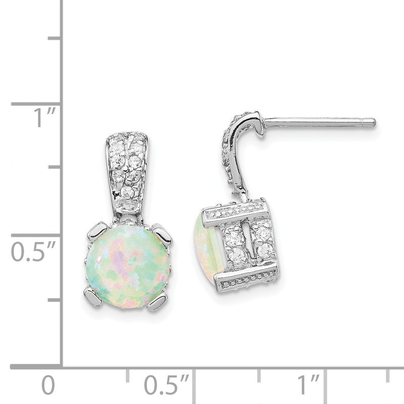 Sterling Silver Rhodium-plated 8mm Cabochon Lab Created Opal and Brilliant-cut CZ Post Dangle Earrings