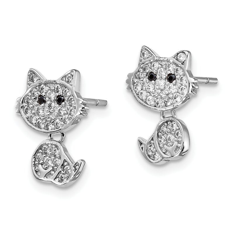 Sterling Silver Rhodium-plated Moveable Brilliant-cut Black and White CZ Cat Post Dangle Earrings