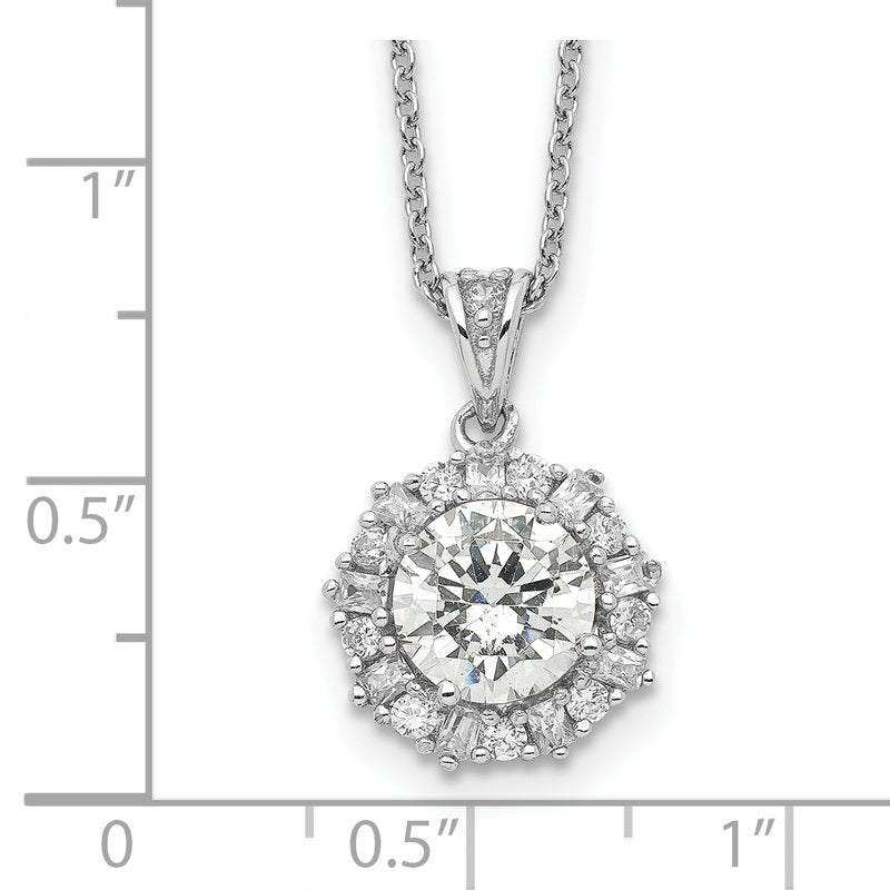 Sterling Silver Rhodium-plated Brilliant-cut and Emerald-cut CZ Halo 18 Inch Necklace