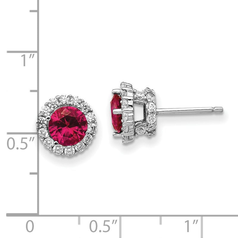 Sterling Silver Rhodium-plated Brilliant-cut Lab Created Ruby and Brilliant-cut White CZ Round Halo Post Earrings