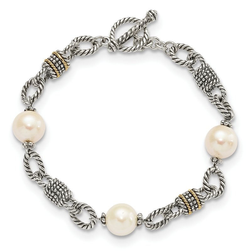 Sterling Silver with 14K Accent 7.5 Inch Antiqued 10-10.5mm Freshwater Cultured Pearl Bracelet