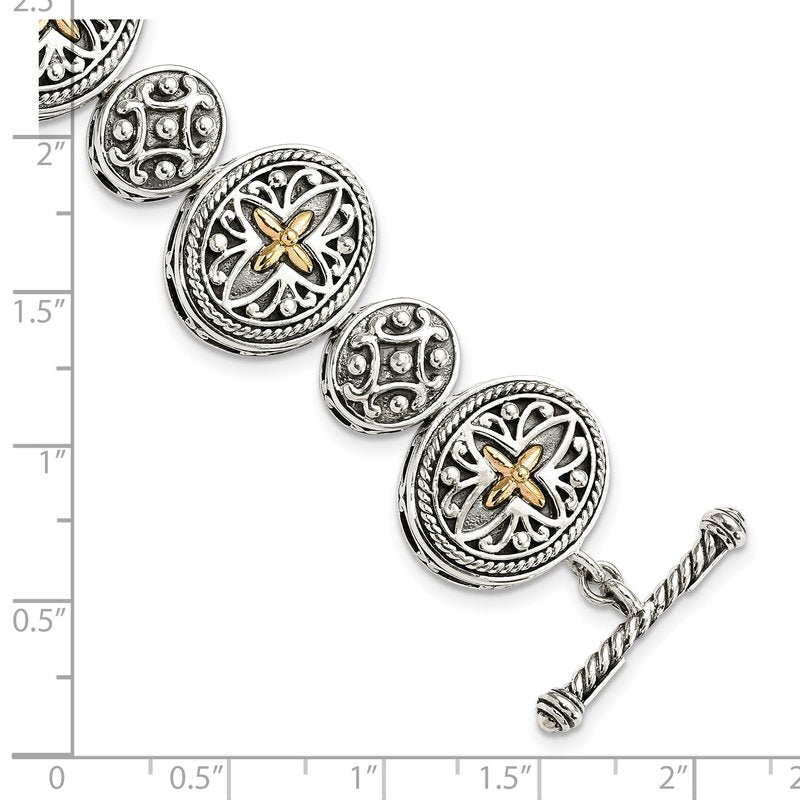 Sterling Silver with 14K Accent 8 Inch Antiqued Toggle Bracelet