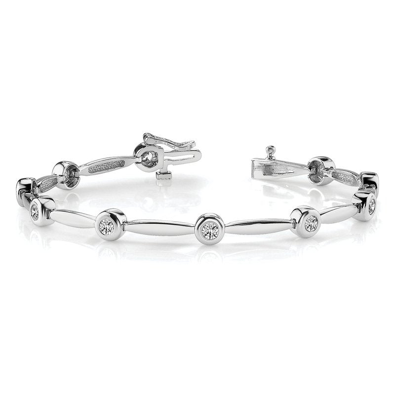 14k White Gold Complete 1/2 carat Round AA Diamond Bezel Curved Bar Link 7 inch Bracelet