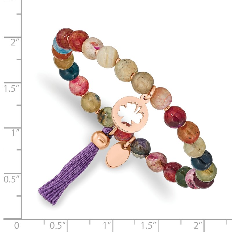 Stainless Steel Polished Rose IP-plated Clover 6mm Multi Color Agate Beaded Stretch Bracelet with Tassel