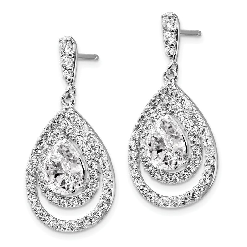 Sterling Silver Rhodium-plated Brilliant-cut Pear Shaped CZ Double Halo Post Dangle Earrings