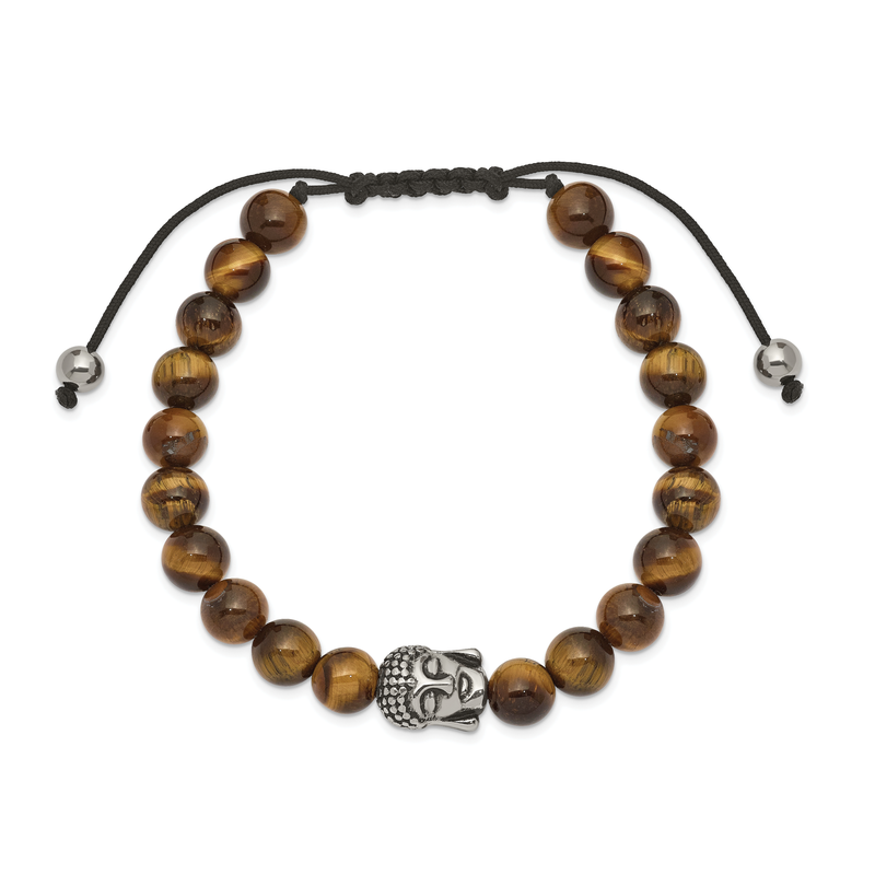 Stainless Steel Antiqued and Polished Tiger's Eye Buddha Black Macrame Adjustable Bracelet