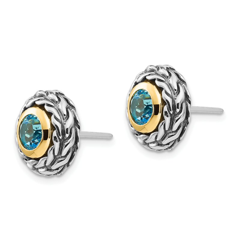 Sterling Silver with 14K Accent Antiqued Round Bezel Light Swiss Blue Topaz Post Earrings