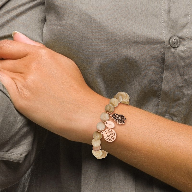 Stainless Steel Antiqued and Polished Rose IP-plated Owl and Tree of Life 8mm Taupe Dyed Jade Beaded Stretch Bracelet