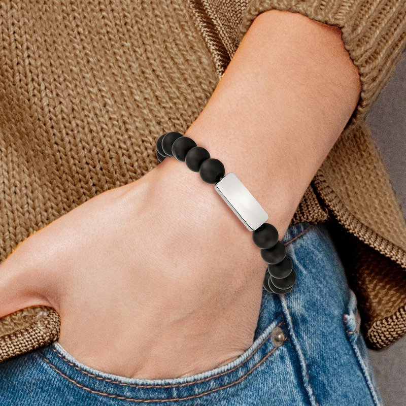 Stainless Steel Polished ID Plate 8mm Black Agate Beaded Stretch Bracelet