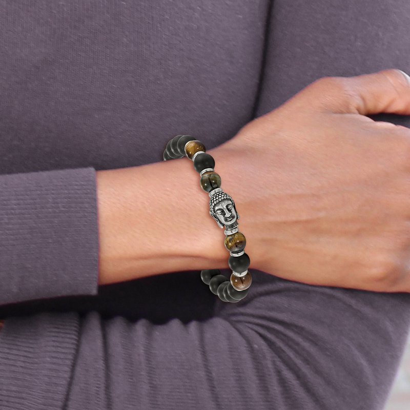 Stainless Steel Antiqued and Polished Buddha 8mm Black Agate and Tiger's Eye Beaded Stretch Bracelet