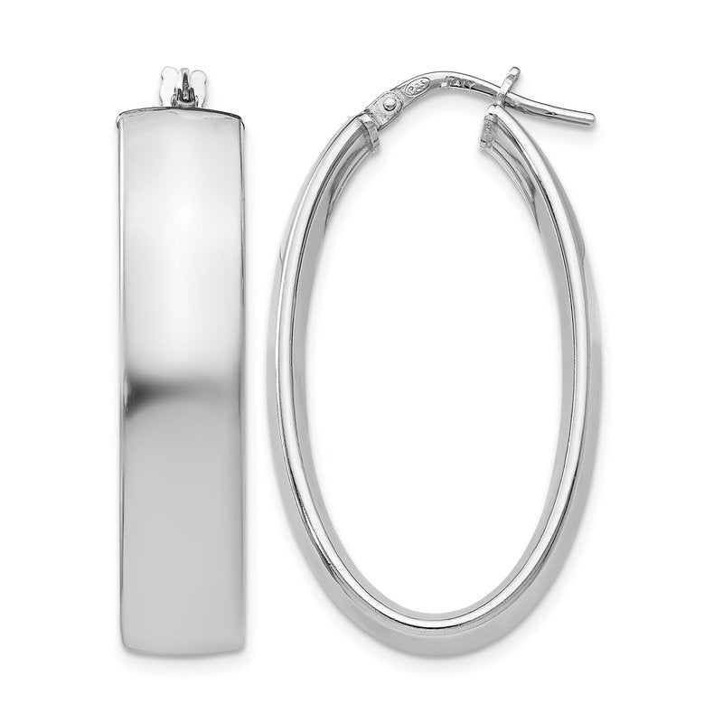 Sterling Silver RH-plated Polished Oval Hinged Hoop Earrings