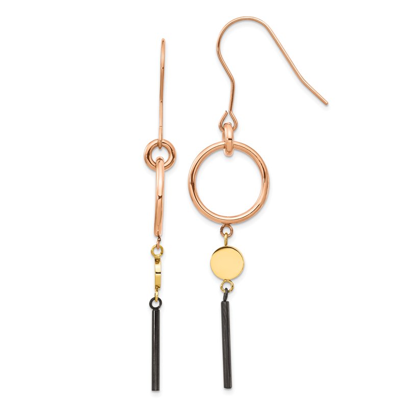 Stainless Steel Polished Black, Rose and Yellow IP-plated Dangle Shepherd Hook Earrings