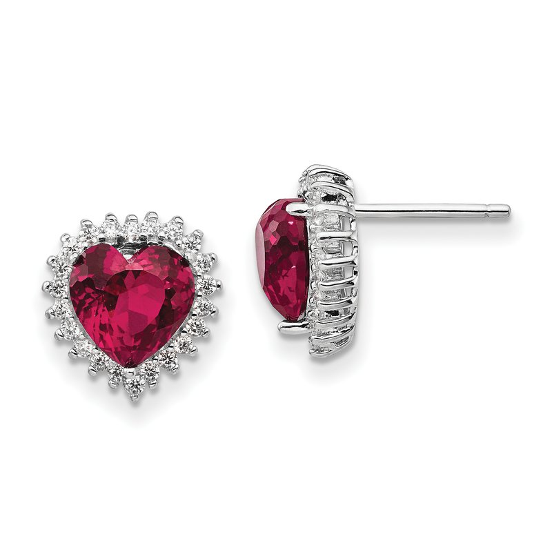 Sterling Silver Rhodium-plated 100 Facet Lab Created Ruby and Brilliant-cut White CZ Heart Halo Post Earrings
