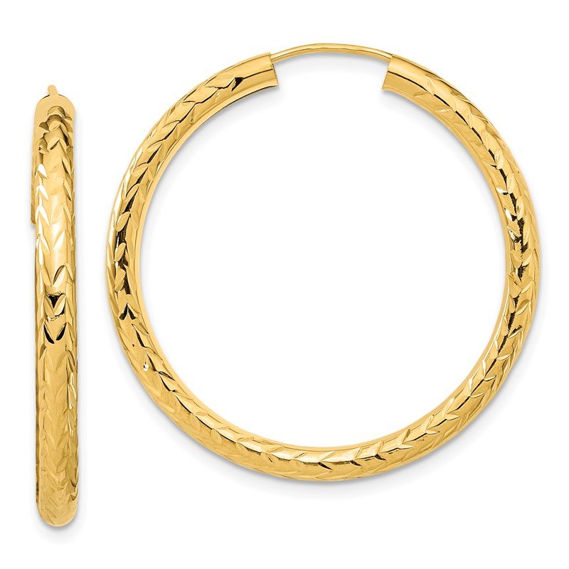14k 3.00x35mm Polished Diamond-cut Endless Tube Hoop Earrings