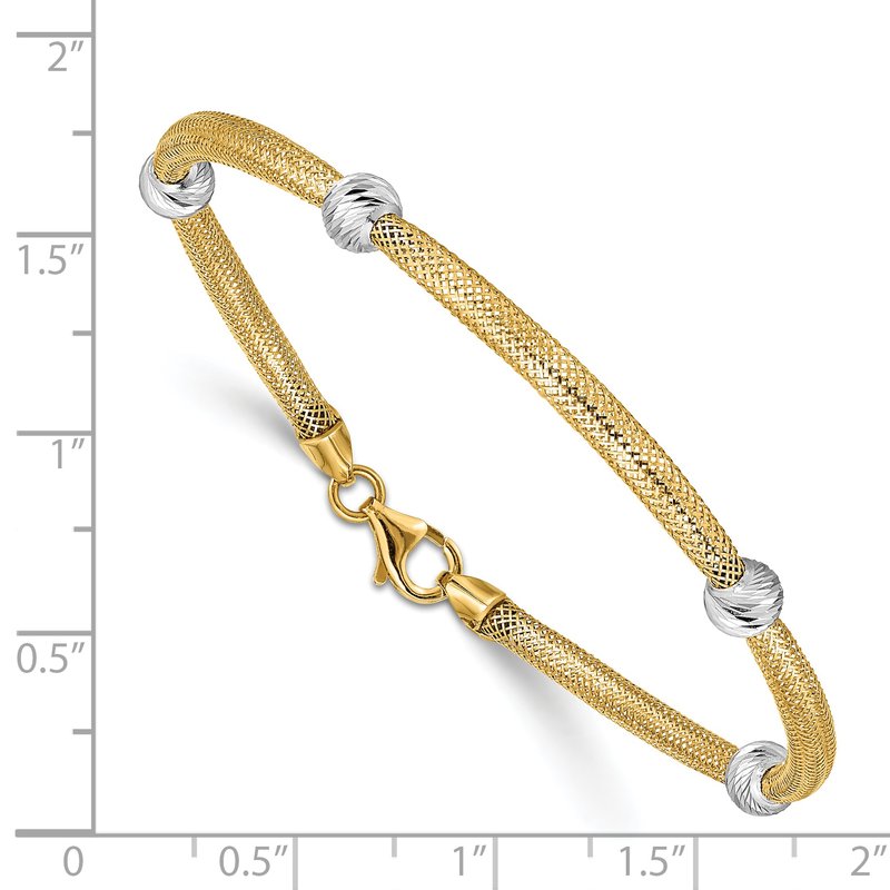 14K with White Rhodium Diamond-cut Moveable Beads Mesh Stretch 7.5 inch Bracelet