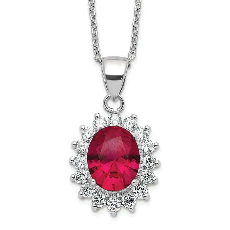 Sterling Silver Rhodium-plated Brilliant-cut Lab Created Ruby and Brilliant-cut White CZ Oval Halo 18.25 Inch Necklace
