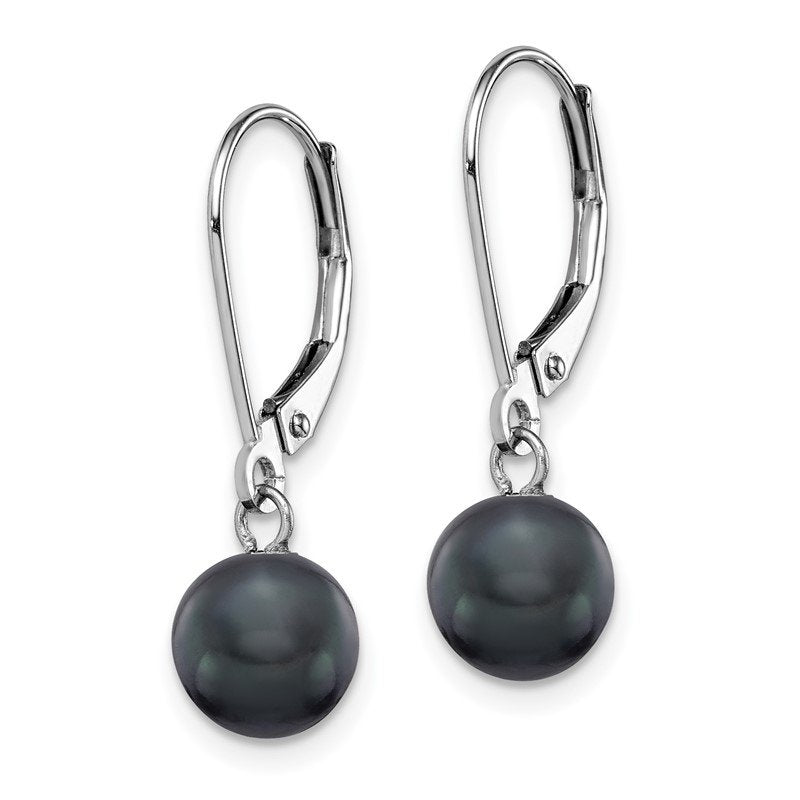 14k White Gold 7-8mm Black Round Freshwater Cultured Pearl Dangle Leverback Earrings