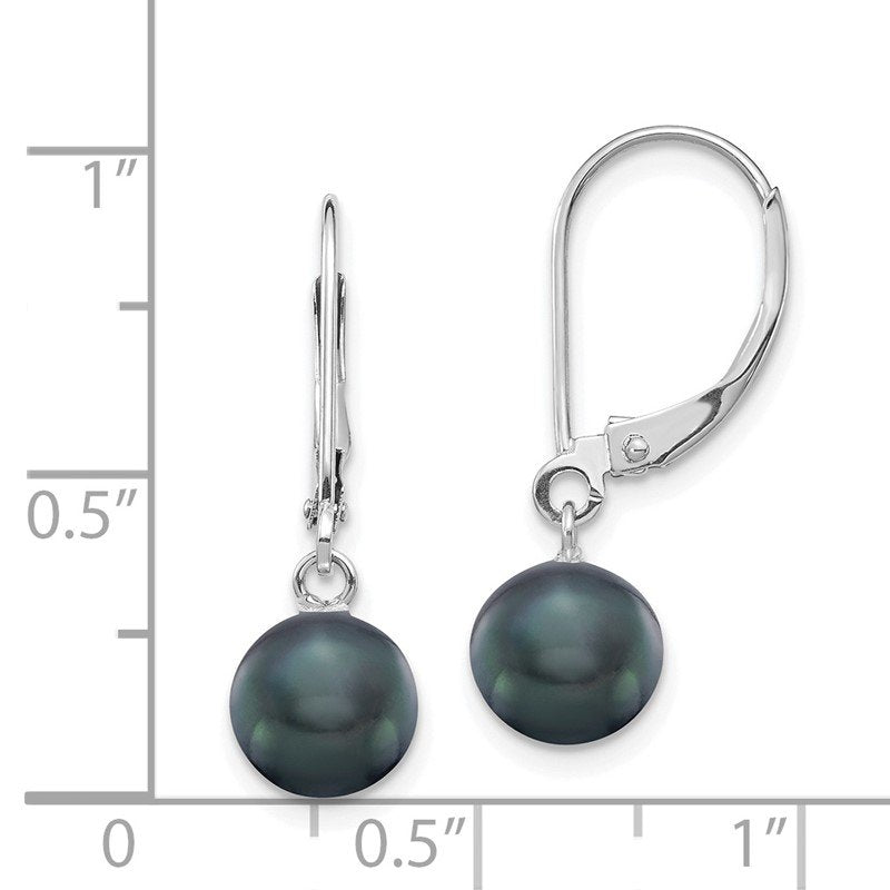 14k White Gold 7-8mm Black Round Freshwater Cultured Pearl Dangle Leverback Earrings