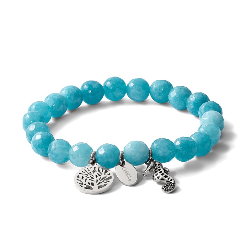 Stainless Steel Antiqued and Polished Seahorse and Tree of Life 8mm Blue Dyed Jade Beaded Stretch Bracelet