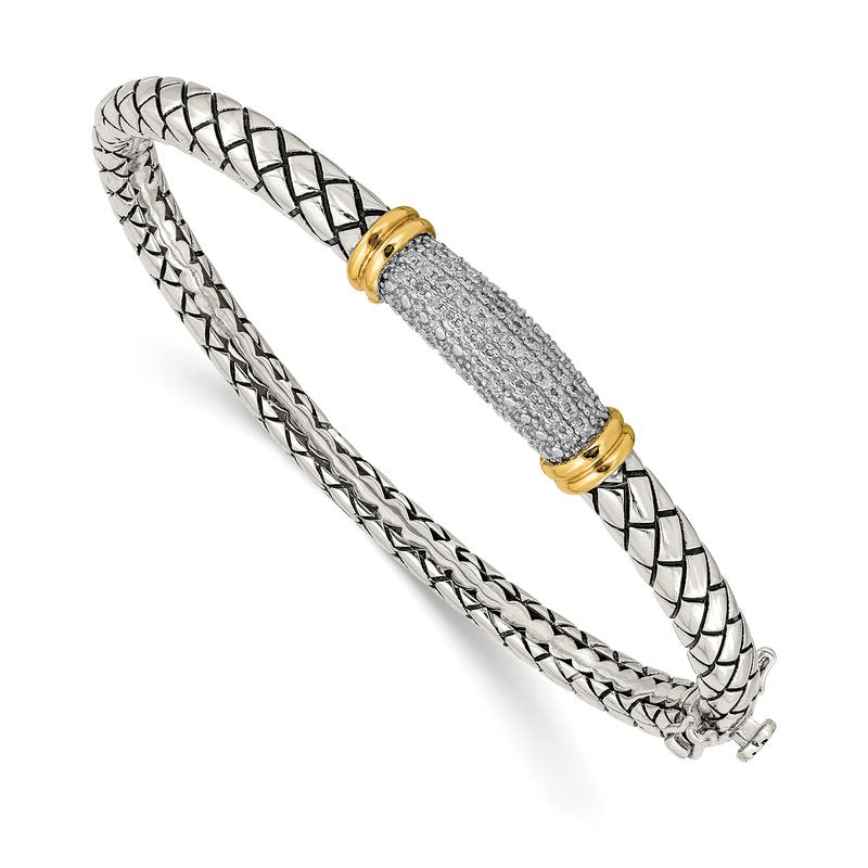 Sterling Silver with 14K Accent Antiqued Diamond Hinged Bangle Bracelet