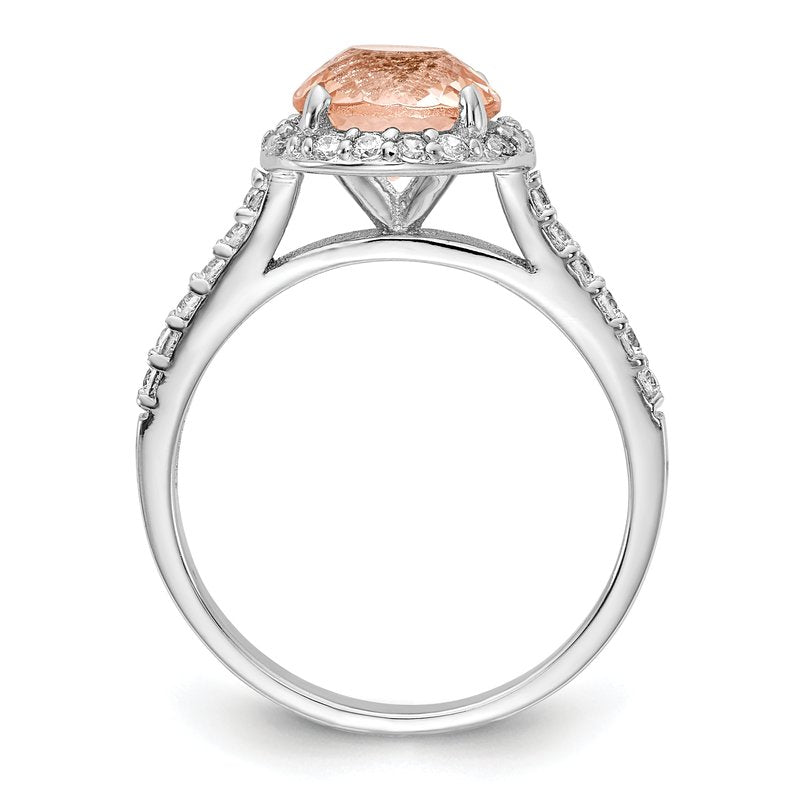 Sterling Silver Rhodium-plated 100 Facet Simulated Morganite and White Brilliant-cut CZ Halo Ring