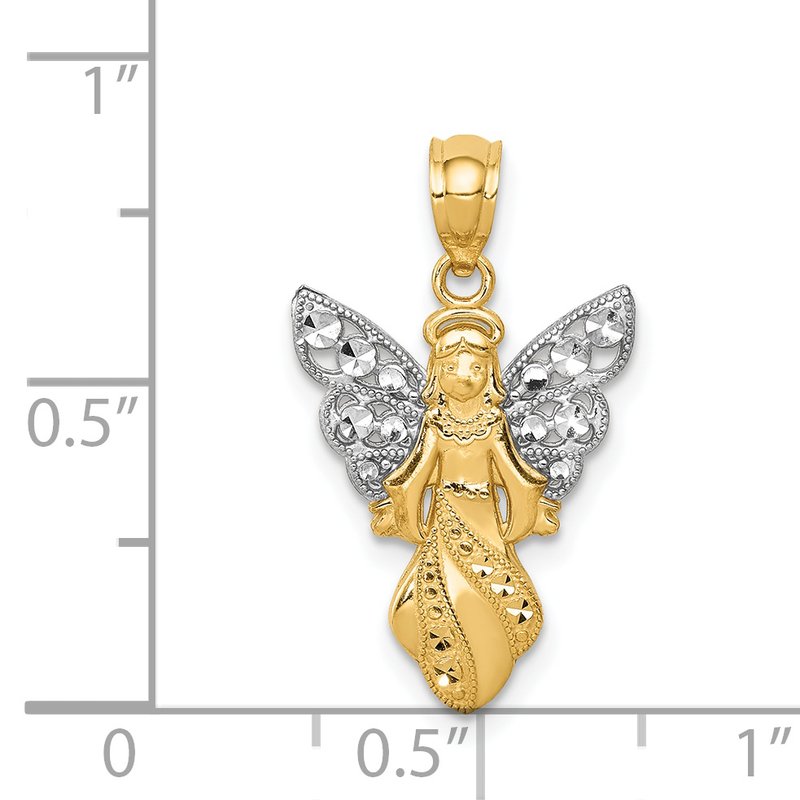 14K and White Rhodium Polished and Textured Angel Pendant