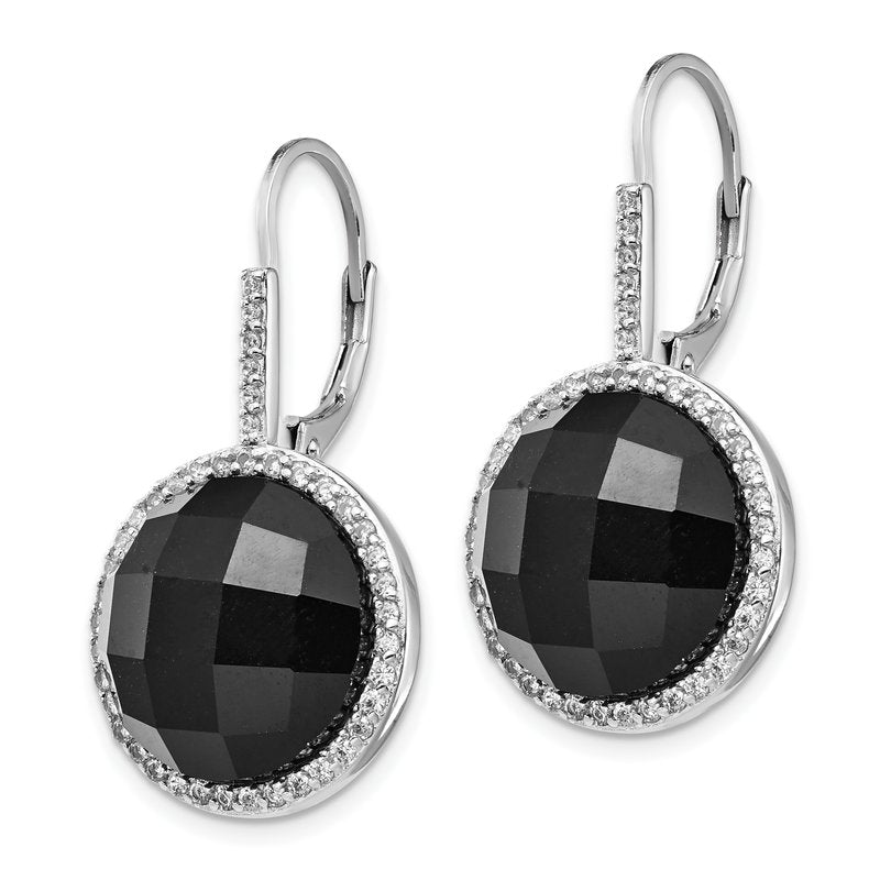 Sterling Silver Rhodium-plated Checker-cut Onyx and Brilliant-cut White CZ Round Halo Dangle Leverback Earrings