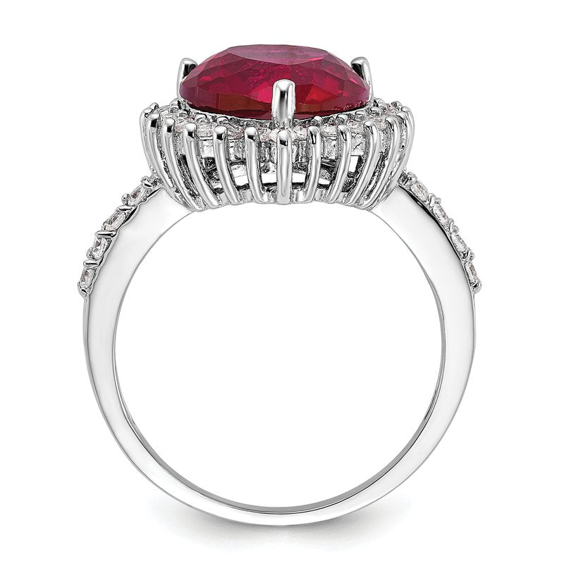 Sterling Silver Rhodium-plated 100 Facet Lab Created Ruby and Brilliant-cut White CZ Heart Halo Ring