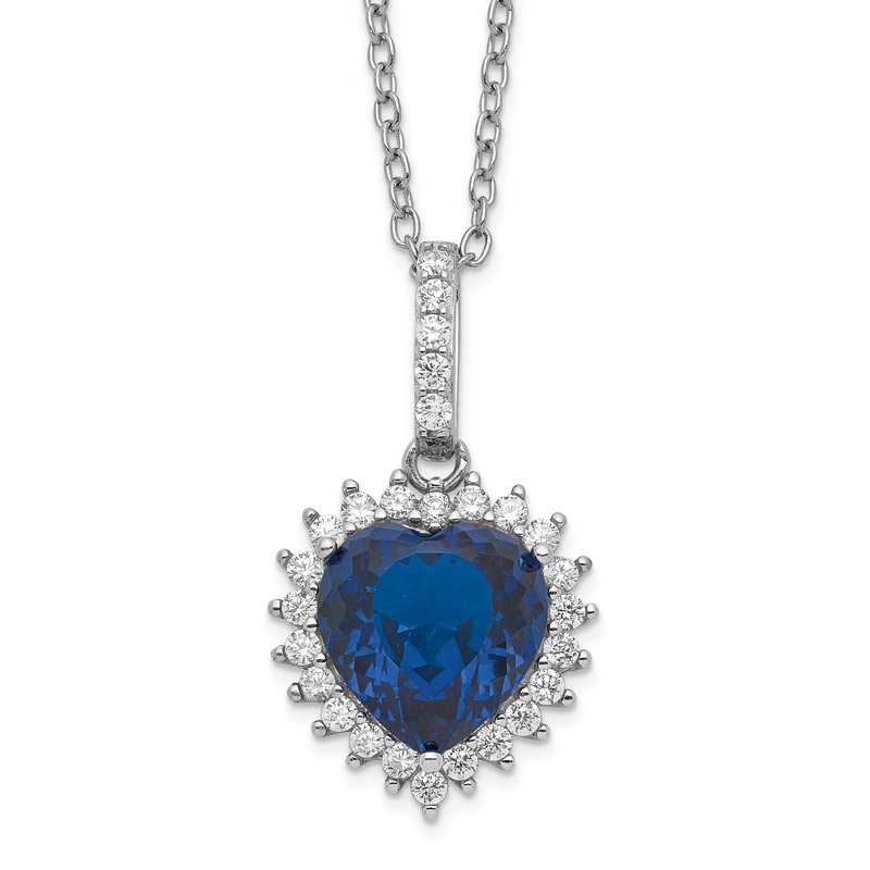 Sterling Silver Rhodium-plated 100 Facet Lab Created Dark Blue Spinel and Brilliant-cut White CZ Heart Halo 18 Inch Necklace