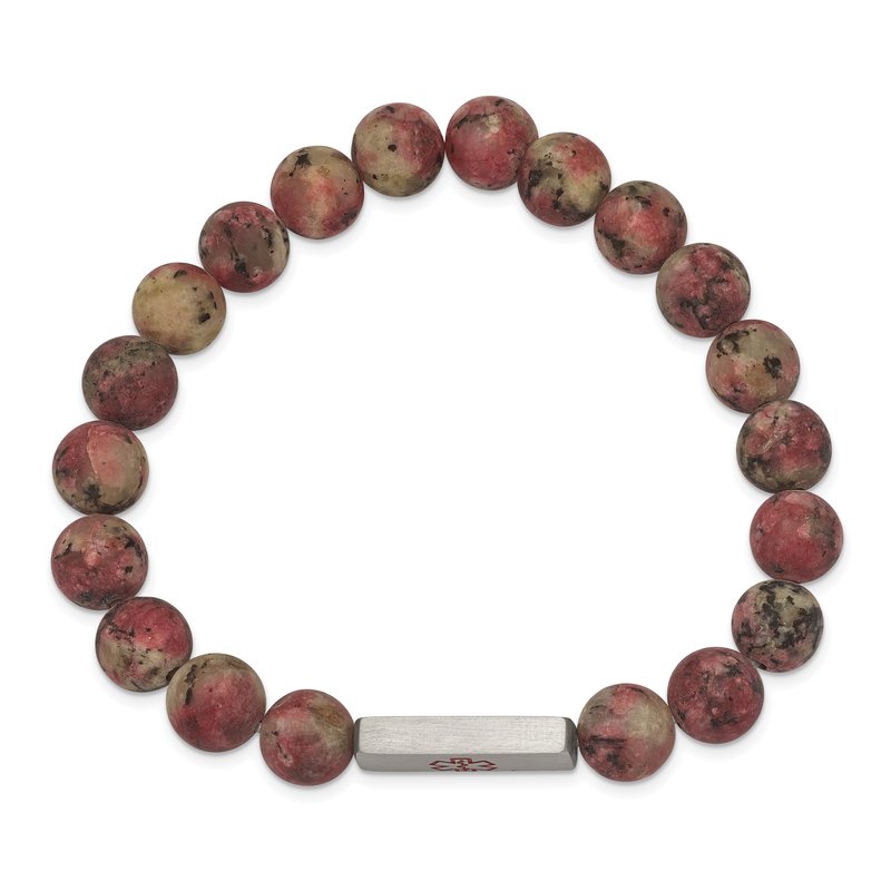 Stainless Steel Brushed with Red Enamel Medical ID 8.5mm Rhodochrosite Beaded Stretch Bracelet