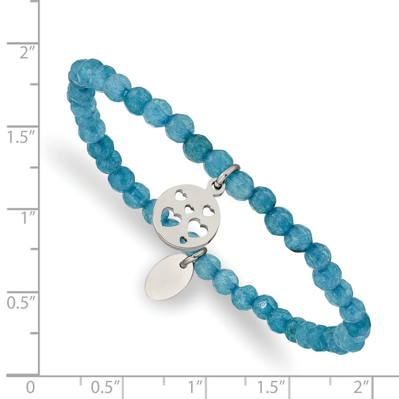 Stainless Steel Polished Hearts 4mm Blue Jade Beaded Stretch Bracelet