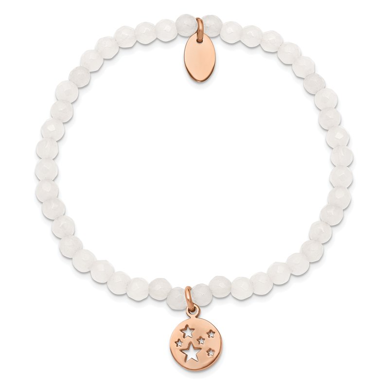 Stainless Steel Polished Rose IP-plated Stars 4mm White Jade Beaded Stretch Bracelet