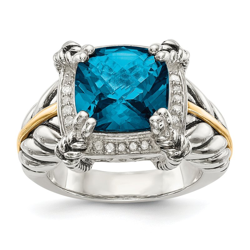 Sterling Silver with 14K Accent Antiqued London Blue Topaz and Diamond Ring