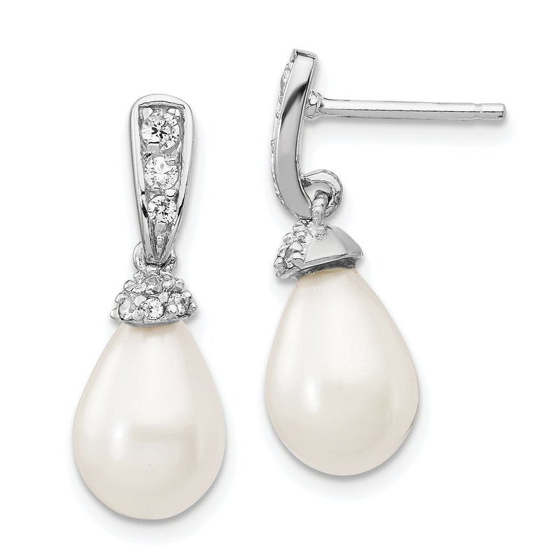Sterling Silver Rhodium-plated Teardrop White Freshwater Cultured Pearl and Brilliant-cut CZ Post Dangle Earrings